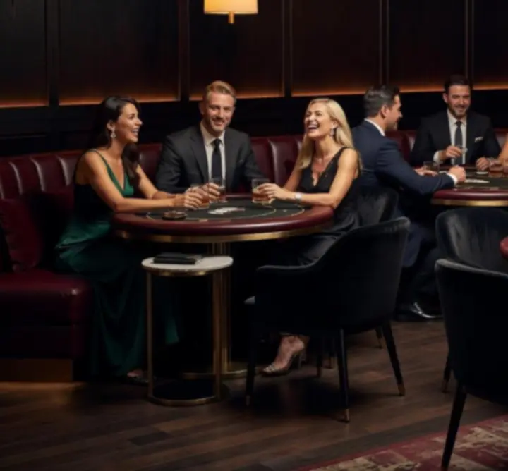 Elegáns offline pókerasztal meleg fényű lounge környezetben