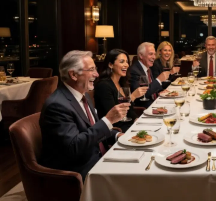 Hangulatos közösségi vacsoraest elegáns megterített asztalokkal az After Hours Venue-ban